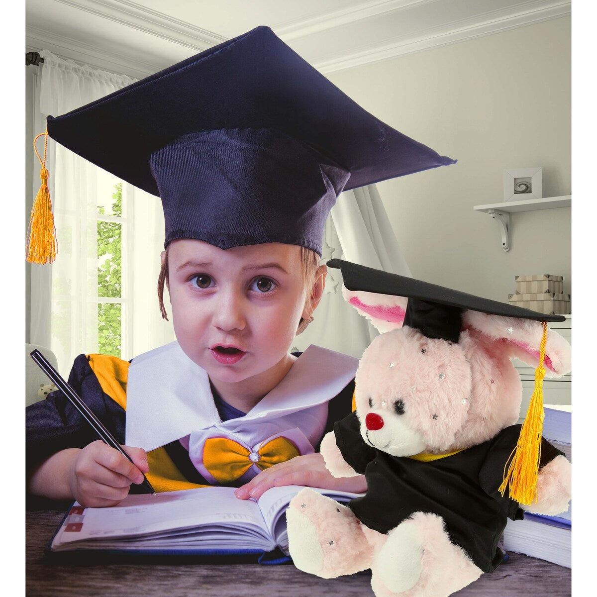 DolliBu Rose Gold Bunny Graduation Plush Toy with Gown and Cap - 8 inches