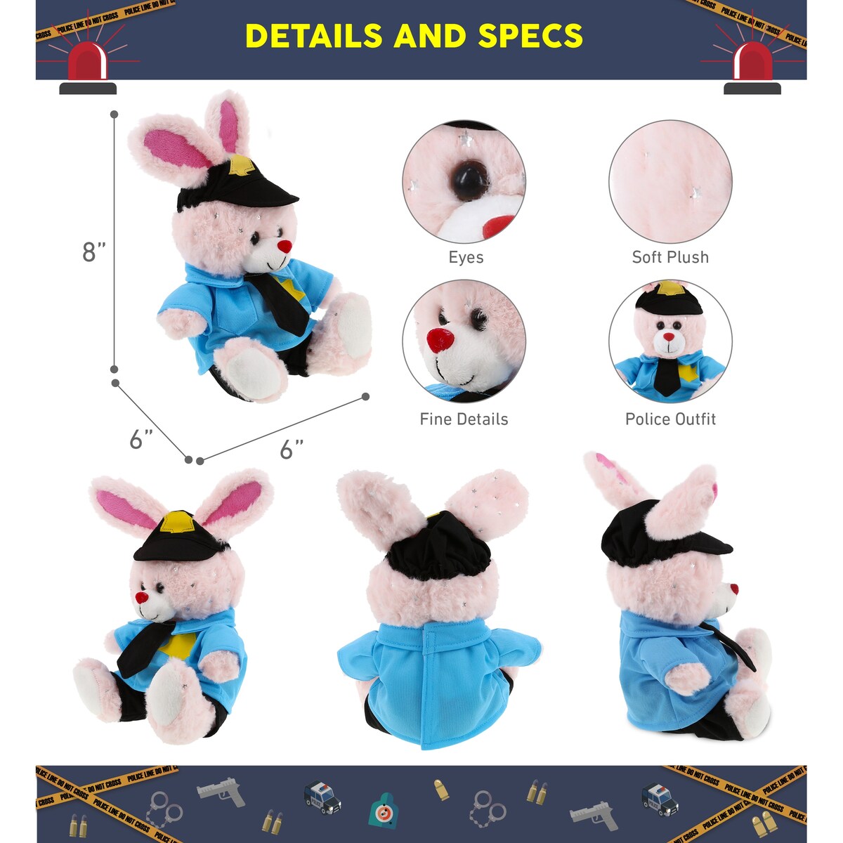 DolliBu Rose Gold Bunny Police Officer Plush Toy with Uniform and Cap - 8 inches