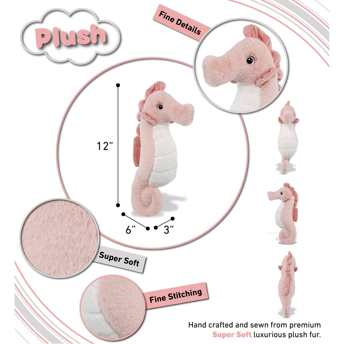 DolliBu Rose Seahorse Super Soft Stuffed Animal for Kids and Adults - 12 inches
