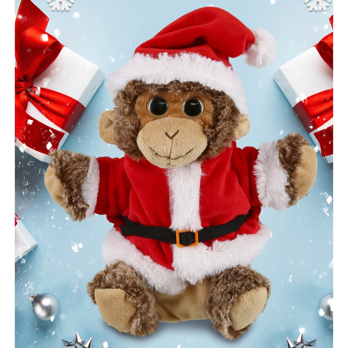 DolliBu Santa Monkey Stuffed Animal Plush Hand Puppet w/ Santa Outfit - 9 inches