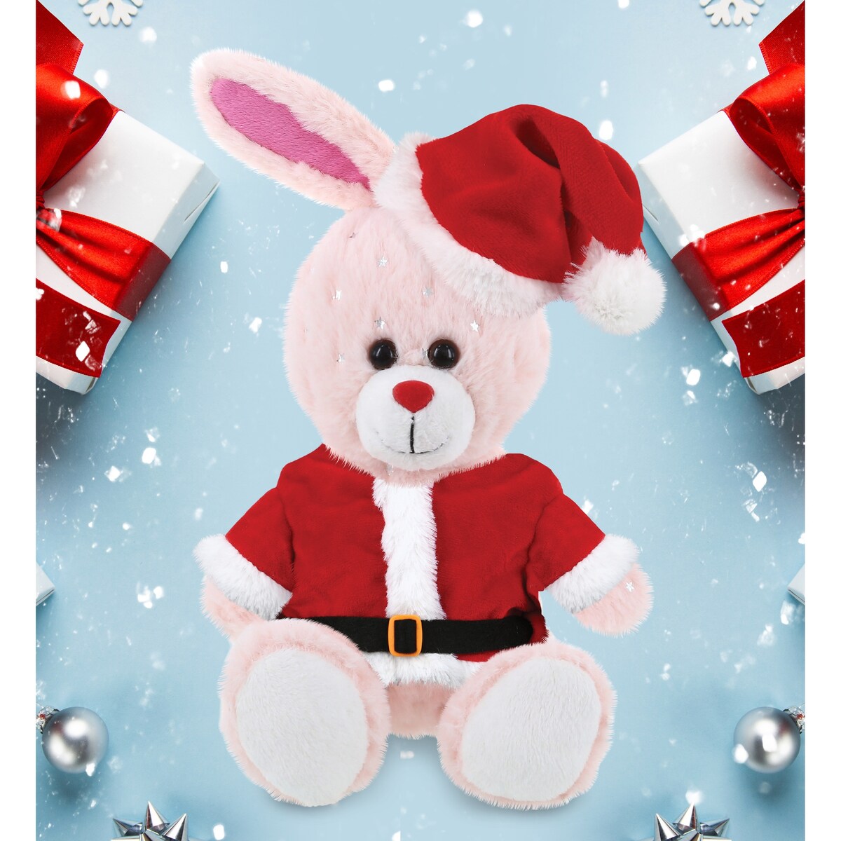 DolliBu Santa Rose Gold Bunny Stuffed Animal Plush with Santa Outfit - 8 inches