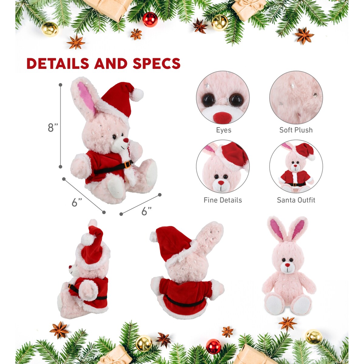 DolliBu Santa Rose Gold Bunny Stuffed Animal Plush with Santa Outfit - 8 inches