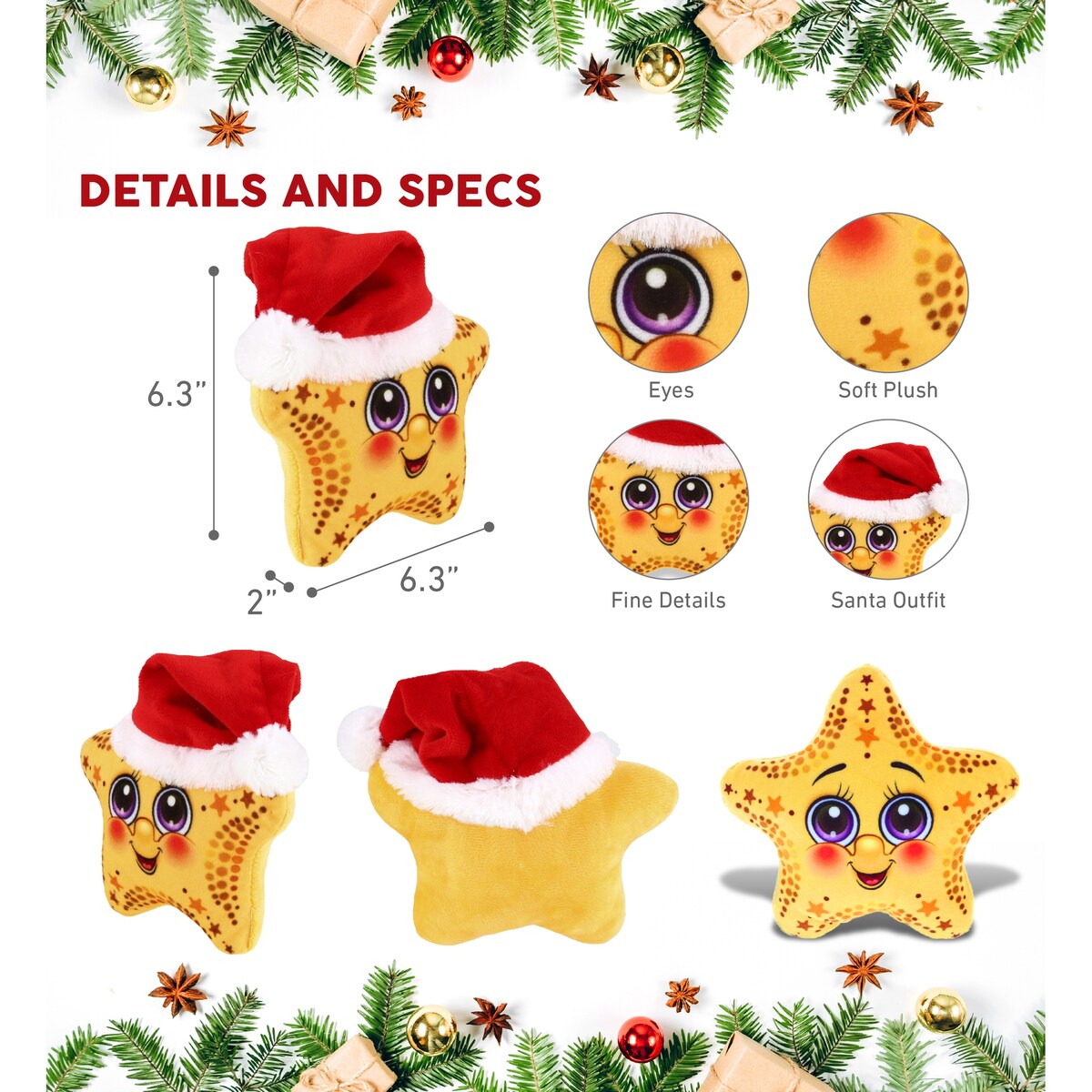 DolliBu Santa Starfish Stuffed Animal Plush Toy with Santa Hat Outfit - 6.3 inches