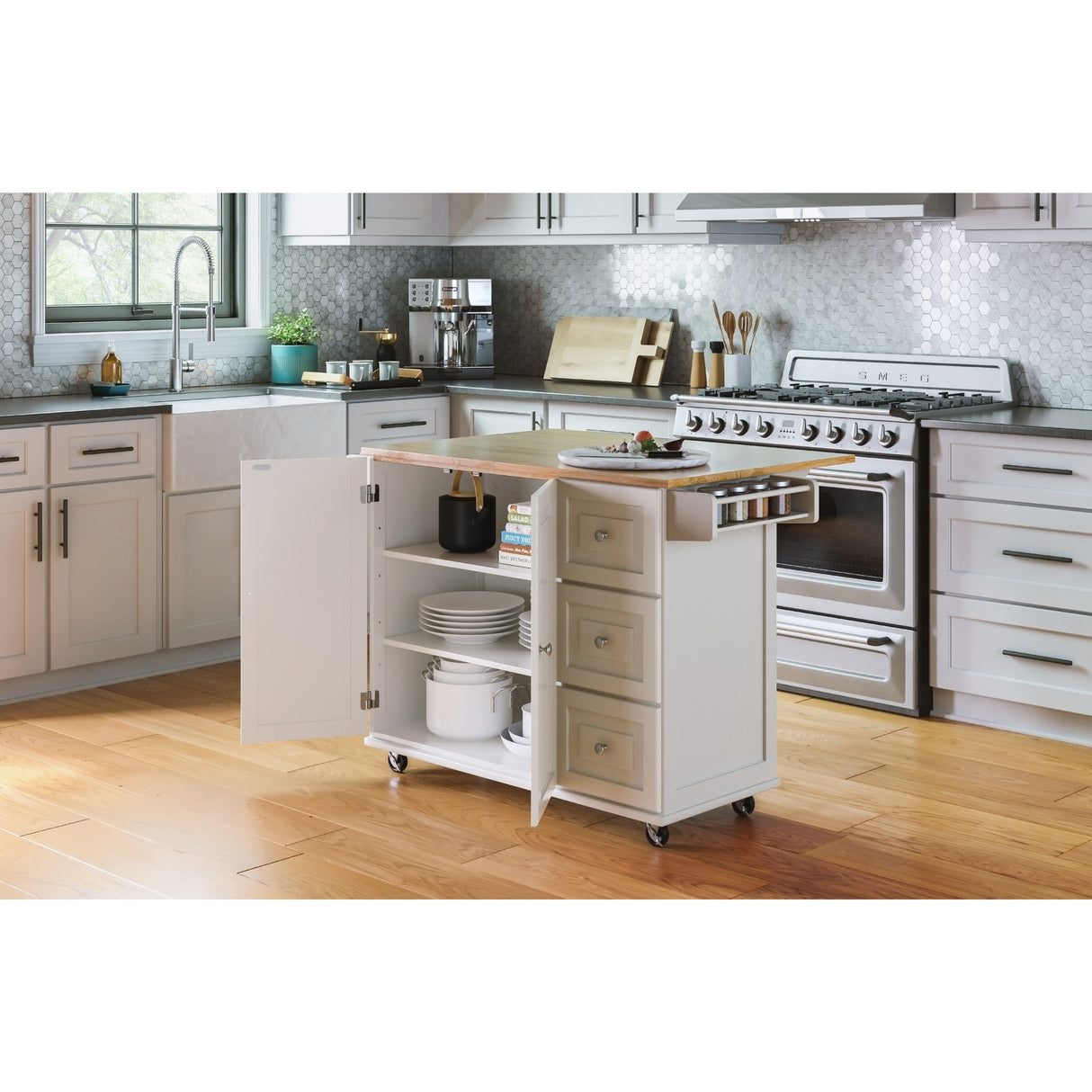 Homestyles Mobile Kitchen Island Cart with Wood Top and Dropleaf Breakfast Bar