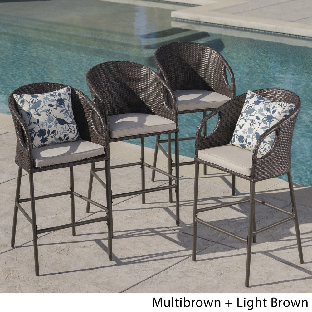 Dominica Outdoor Wicker Barstool with Cushions (Set of 4) by Christopher Knight Home