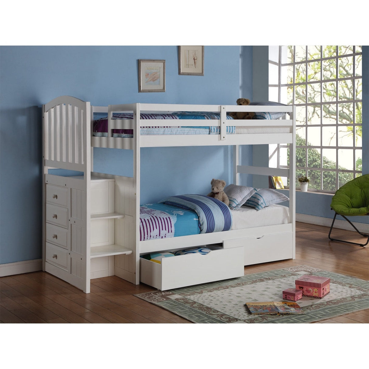 Donco Kids Arch Mission Stairway White Twin Bunk Bed with Underbed Drawers