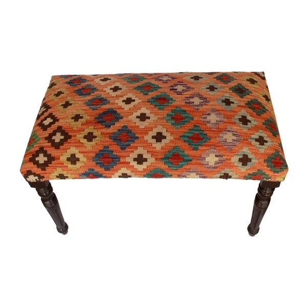Dorathy Orange/Blue Handmade Kilim Upholstered Settee (32"x18"x20") - 32"x18"x20"