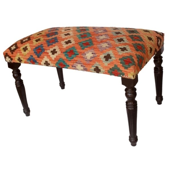 Dorathy Orange/Blue Handmade Kilim Upholstered Settee (32"x18"x20") - 32"x18"x20"
