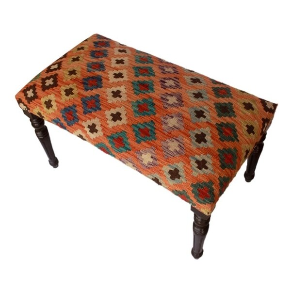 Dorathy Orange/Blue Handmade Kilim Upholstered Settee (32"x18"x20") - 32"x18"x20"