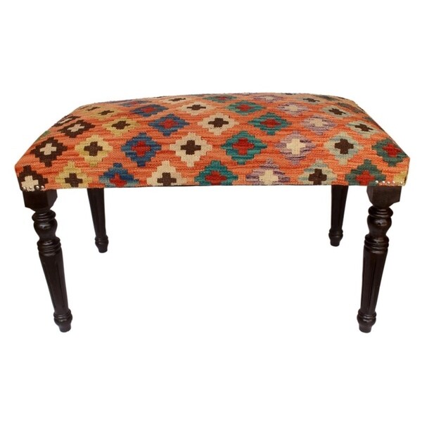 Dorathy Orange/Blue Handmade Kilim Upholstered Settee (32"x18"x20") - 32"x18"x20"