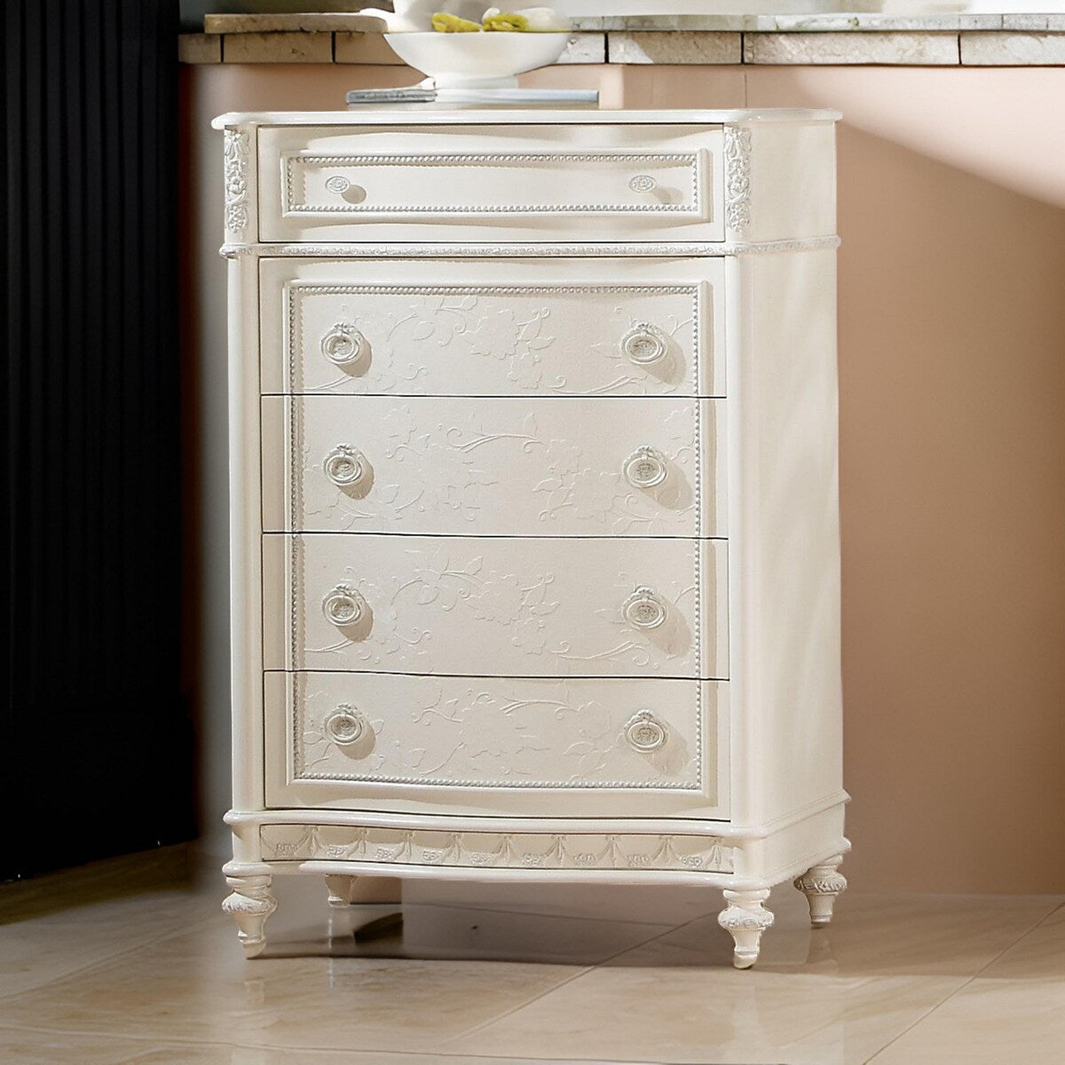 Dorie 52 Inch Tall Dresser Chest, 5 Drawers, Molded Trim, Ivory White Wood