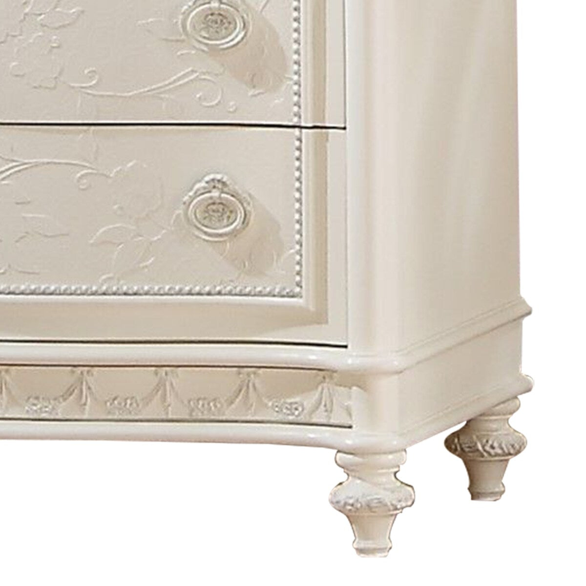 Dorie 52 Inch Tall Dresser Chest, 5 Drawers, Molded Trim, Ivory White Wood