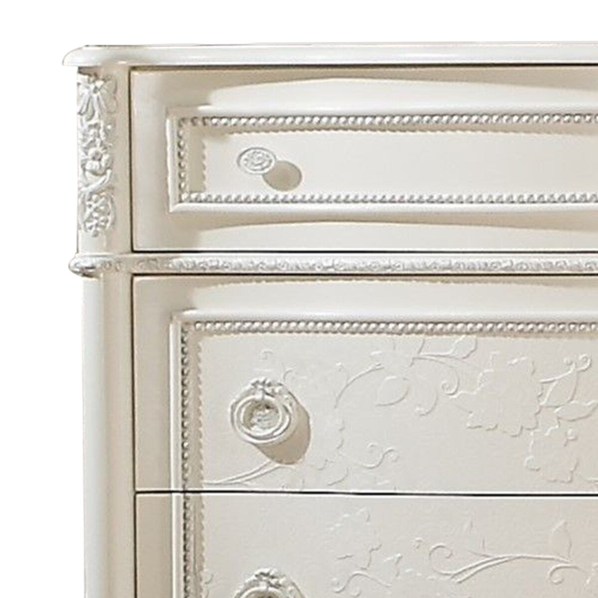 Dorie 52 Inch Tall Dresser Chest, 5 Drawers, Molded Trim, Ivory White Wood