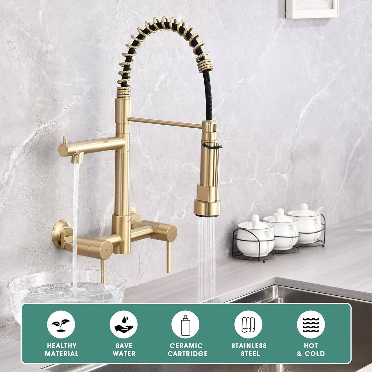 Dornberg Wall Mount Kitchen Faucet with Pull Down Sprayer, Spring Faucet