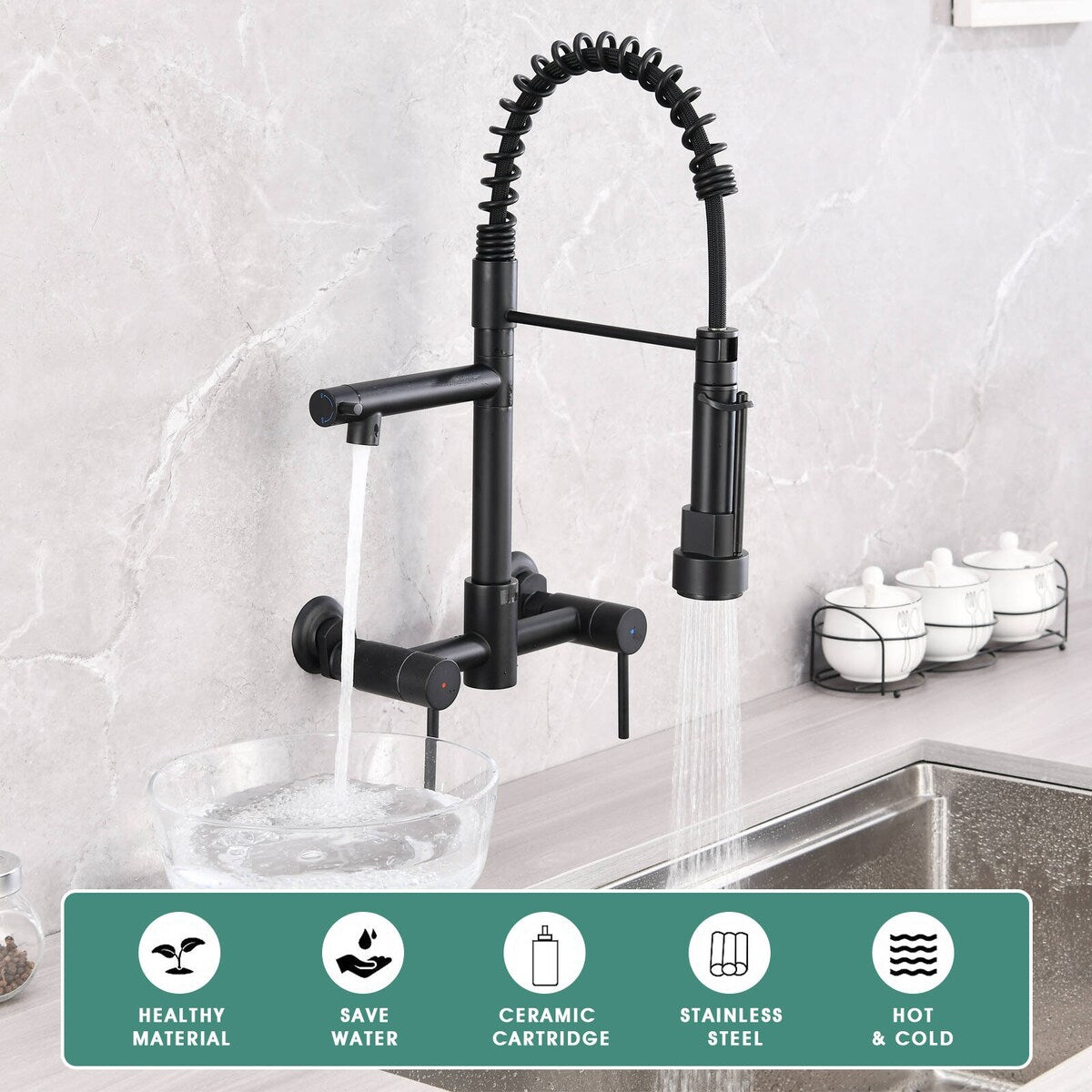 Dornberg Wall Mount Kitchen Faucet with Pull Down Sprayer, Spring Faucet