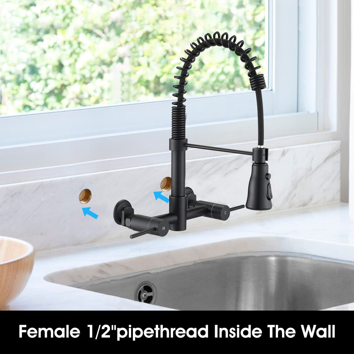 Dornberg Wall Mounted Pull Down Bridge Kitchen Faucet