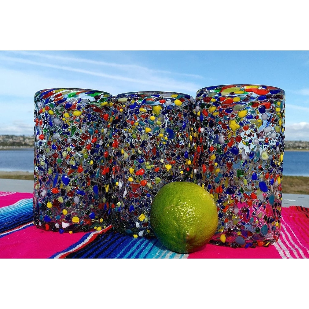 Dos Suenos Hand Blown Mexican Drinking Glasses - Set of 6 Confetti Rock Design Glasses (14 oz each)