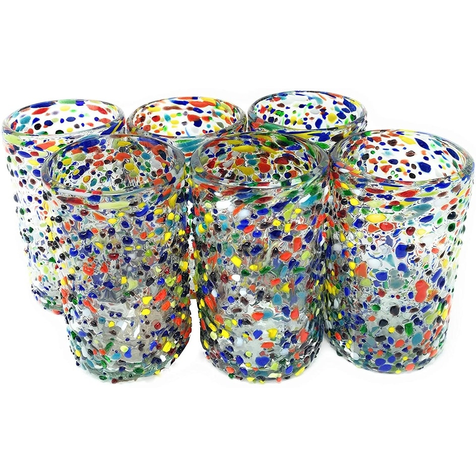 Dos Suenos Hand Blown Mexican Drinking Glasses - Set of 6 Confetti Rock Design Glasses (14 oz each)