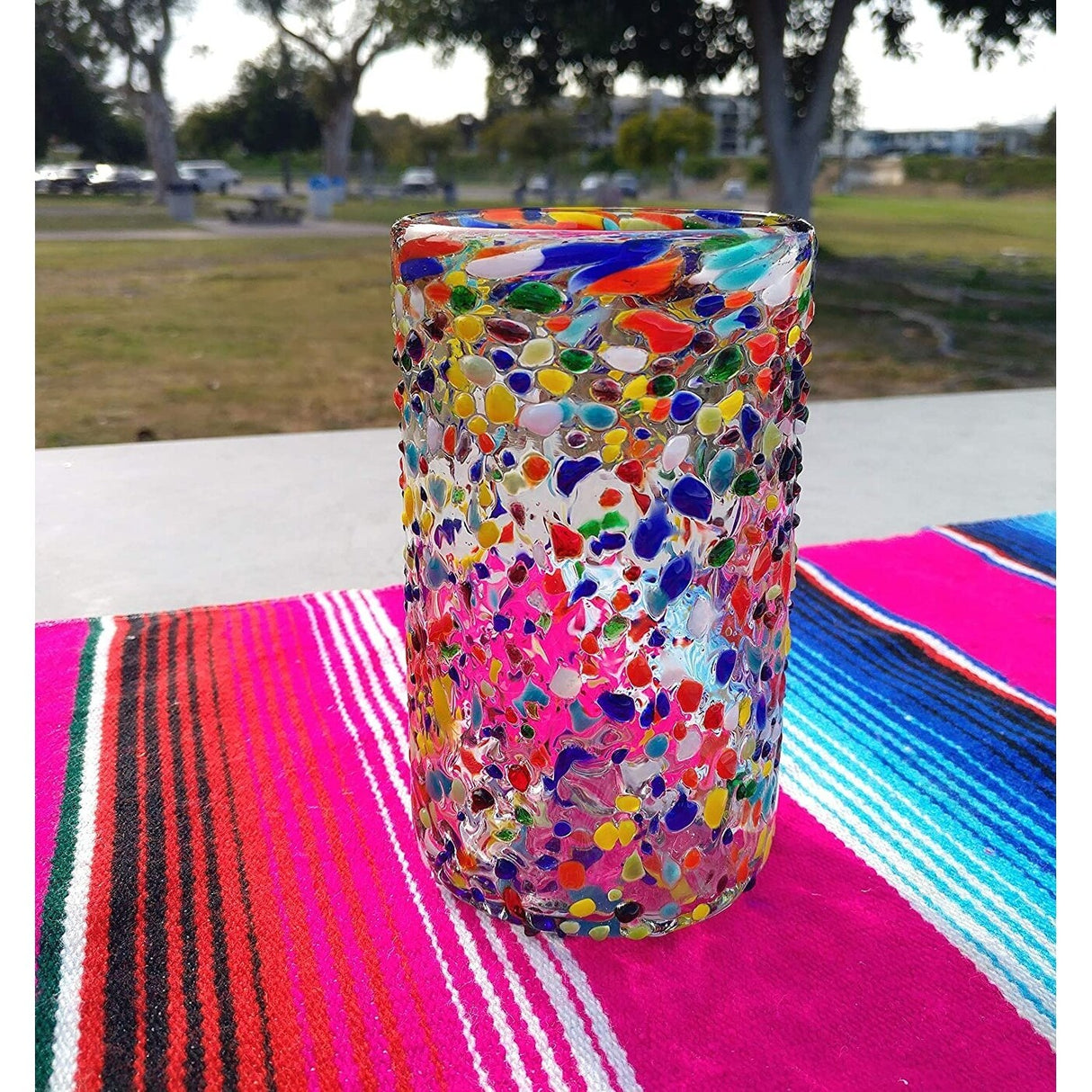Dos Suenos Hand Blown Mexican Drinking Glasses - Set of 6 Confetti Rock Design Glasses (14 oz each)