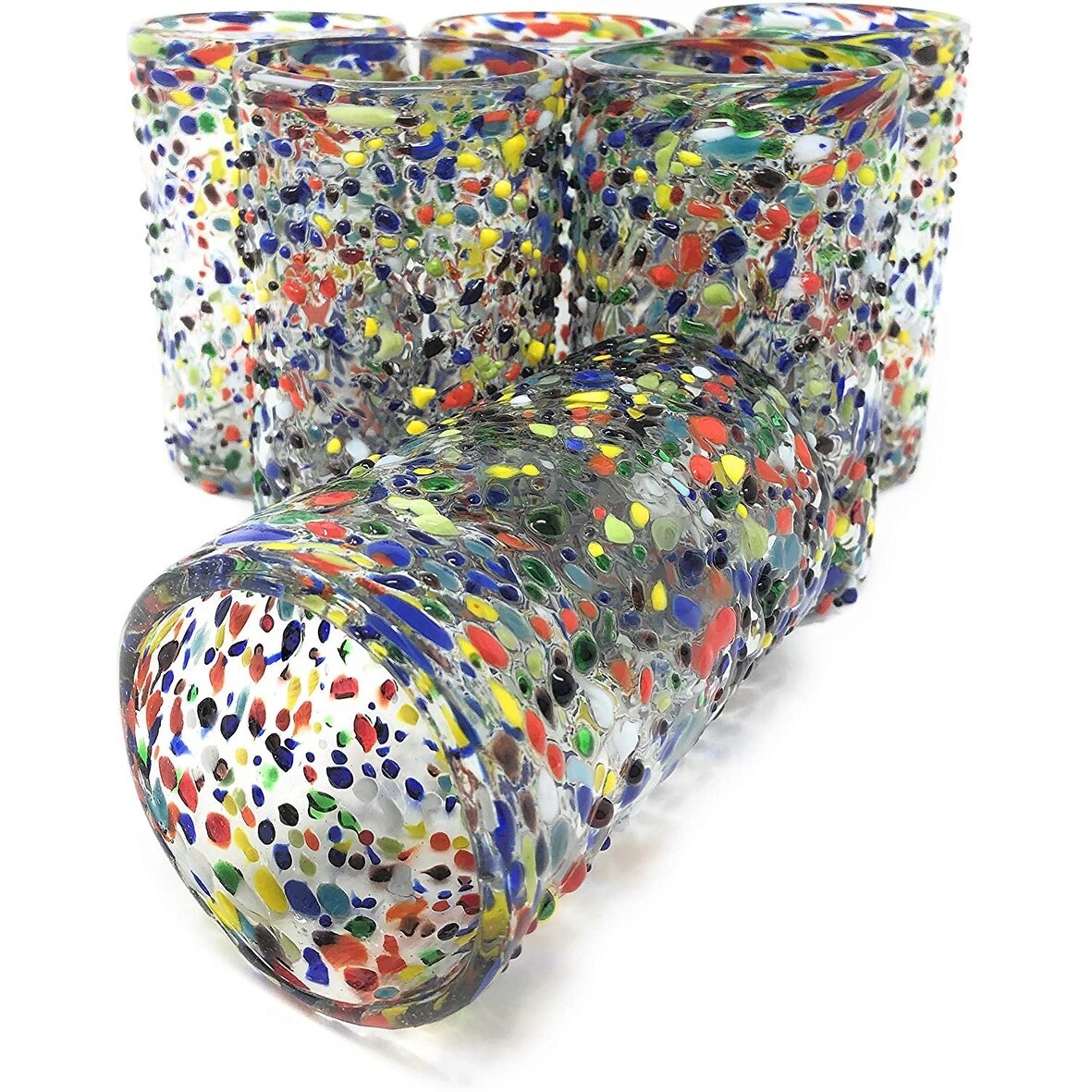 Dos Suenos Hand Blown Mexican Drinking Glasses - Set of 6 Confetti Rock Design Glasses (14 oz each)