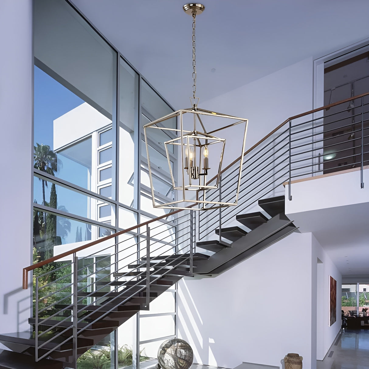 17 Iinches Wide Double Cage Lantern Pendant Lamp 3-Light Stairway Entry Chandelier Ceiling Light