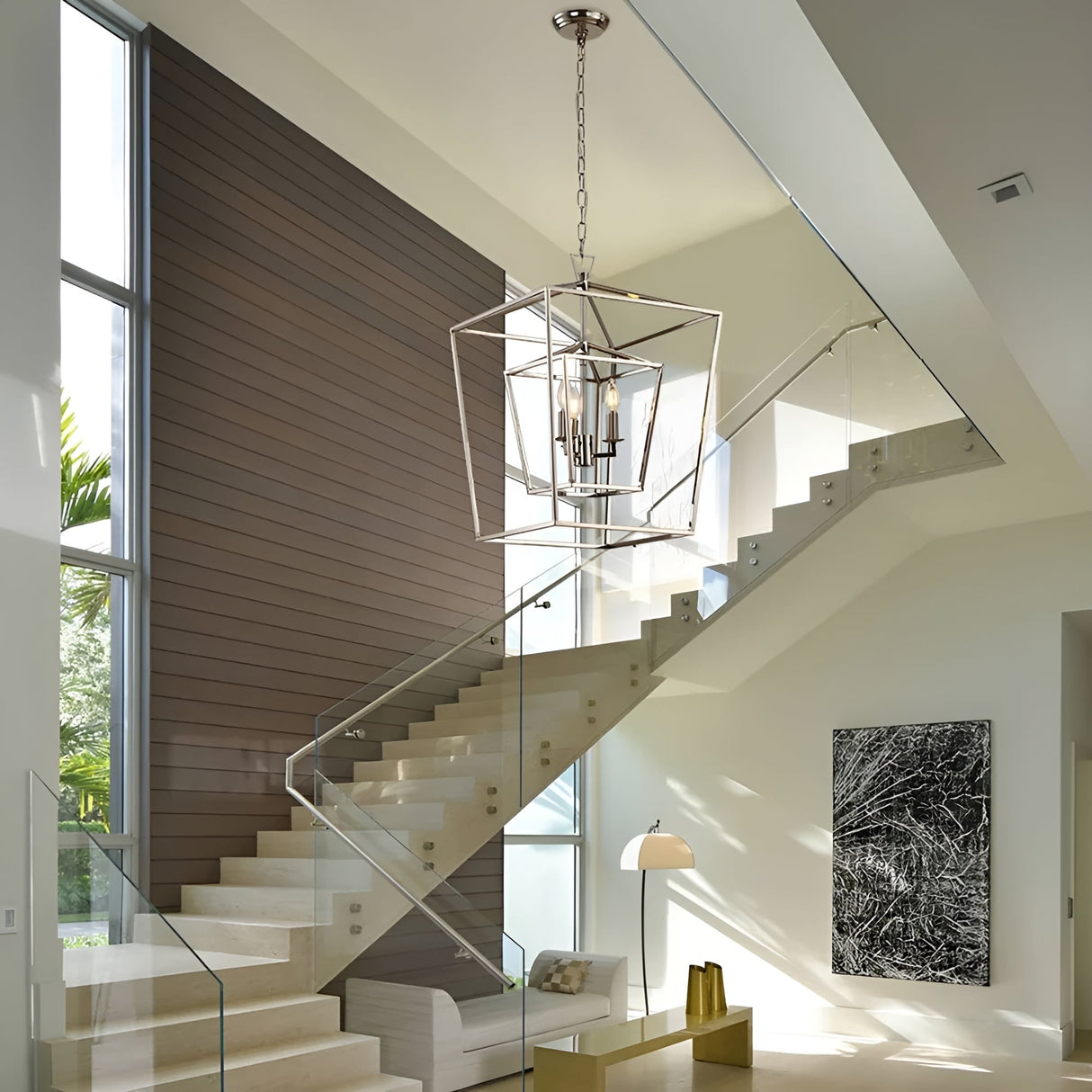 17 Iinches Wide Double Cage Lantern Pendant Lamp 3-Light Stairway Entry Chandelier Ceiling Light