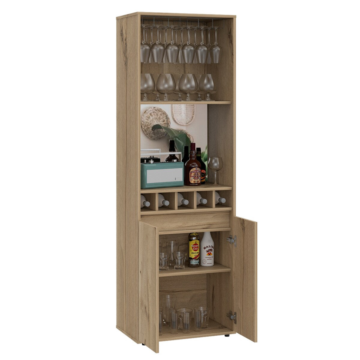 Double Door Bar Cabinet with 2 Shelves and 5 Built-in Wine Rack