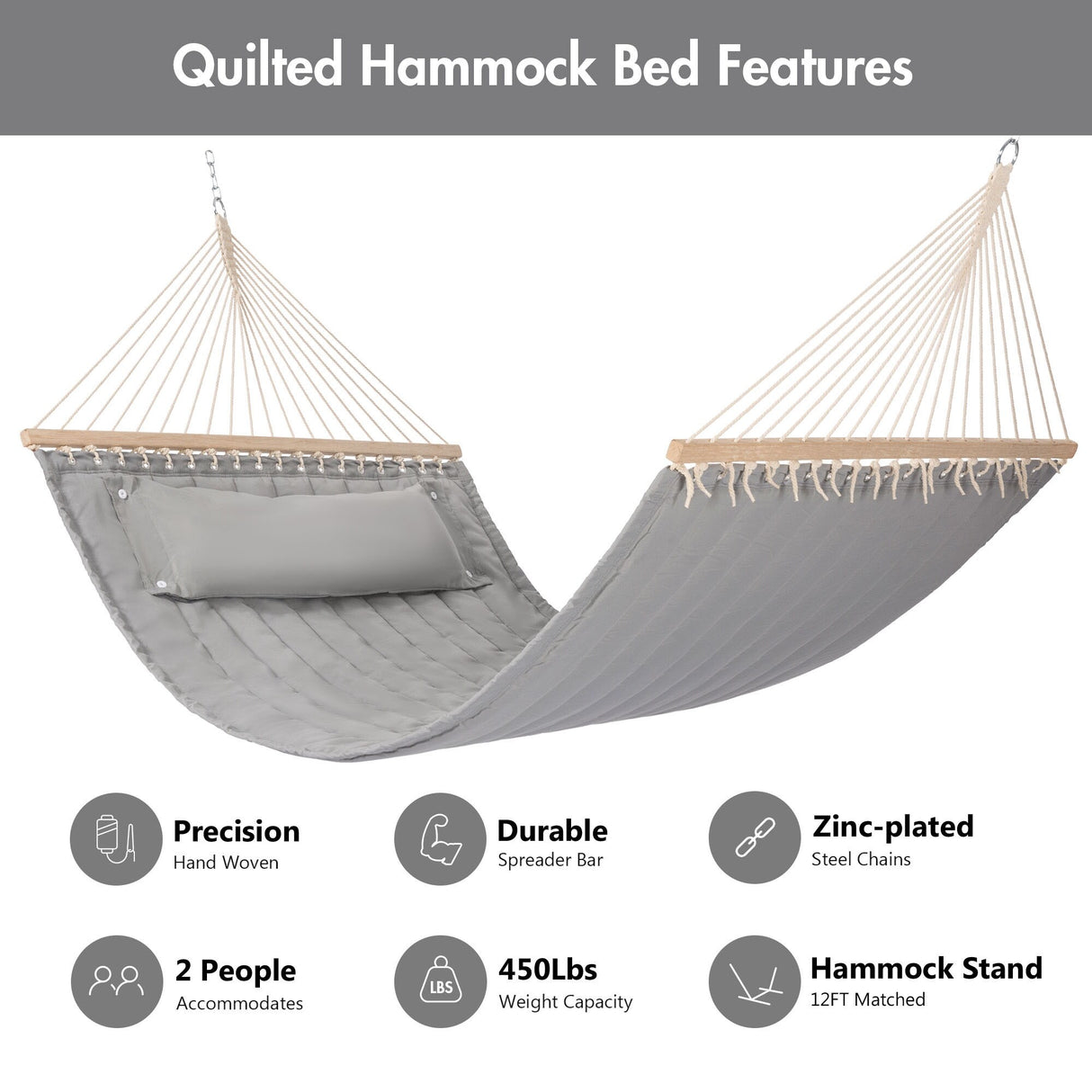 Double Hammock Quilted Fabric Swing with Spreader Bars and Detachable Pillow, 450 LBS Weight Capacity - 122 x 55 x 1 inches