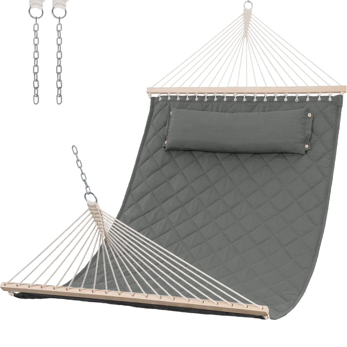 Double Hammock Quilted Fabric Swing with Spreader Bars and Detachable Pillow, 450 LBS Weight Capacity - 122 x 55 x 1 inches