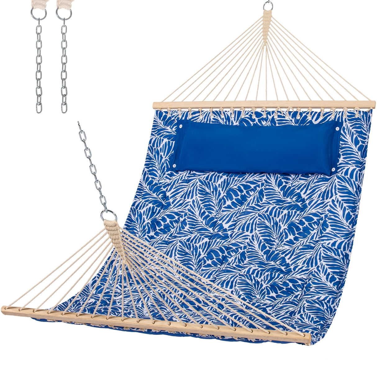 Double Hammock Quilted Fabric Swing with Spreader Bars and Detachable Pillow, 450 LBS Weight Capacity - 122 x 55 x 1 inches