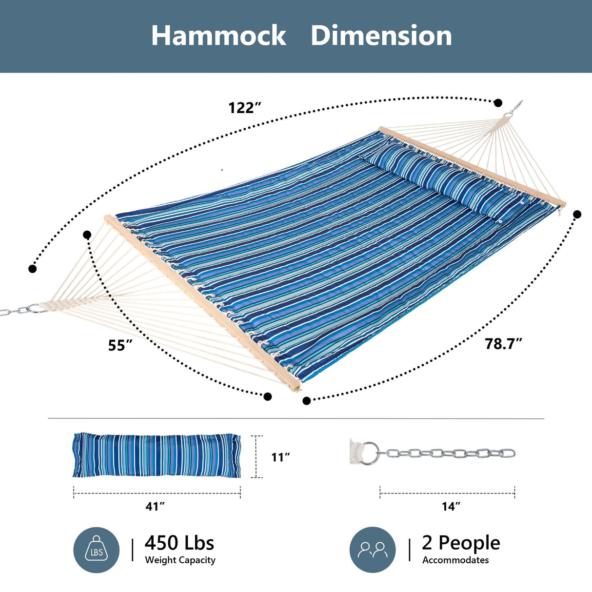Double Hammock Quilted Fabric Swing with Spreader Bars and Detachable Pillow, 450 LBS Weight Capacity - 122 x 55 x 1 inches