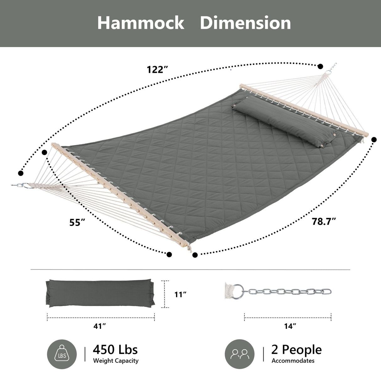 Double Hammock Quilted Fabric Swing with Spreader Bars and Detachable Pillow, 450 LBS Weight Capacity - 122 x 55 x 1 inches