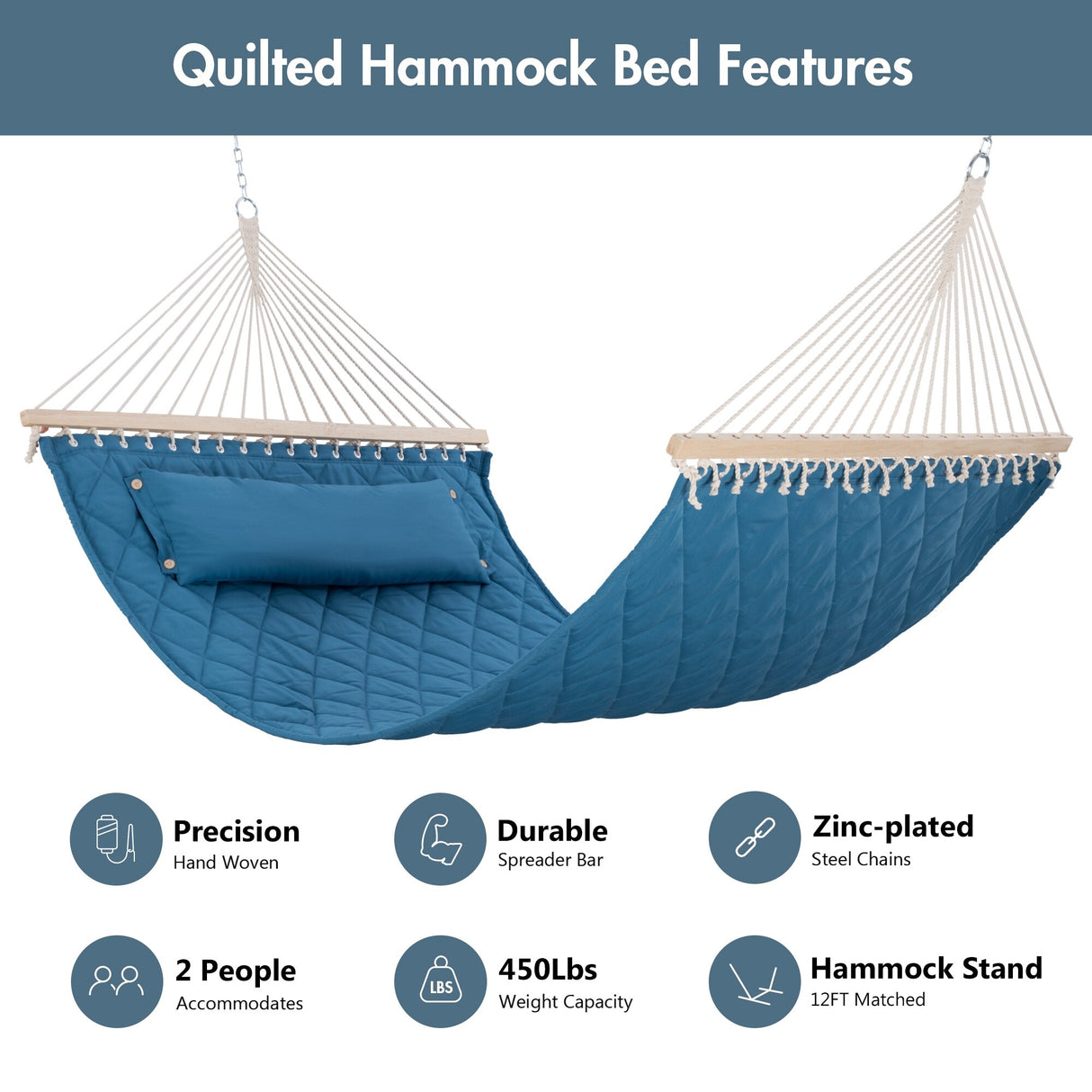 Double Hammock Quilted Fabric Swing with Spreader Bars and Detachable Pillow, 450 LBS Weight Capacity - 122 x 55 x 1 inches