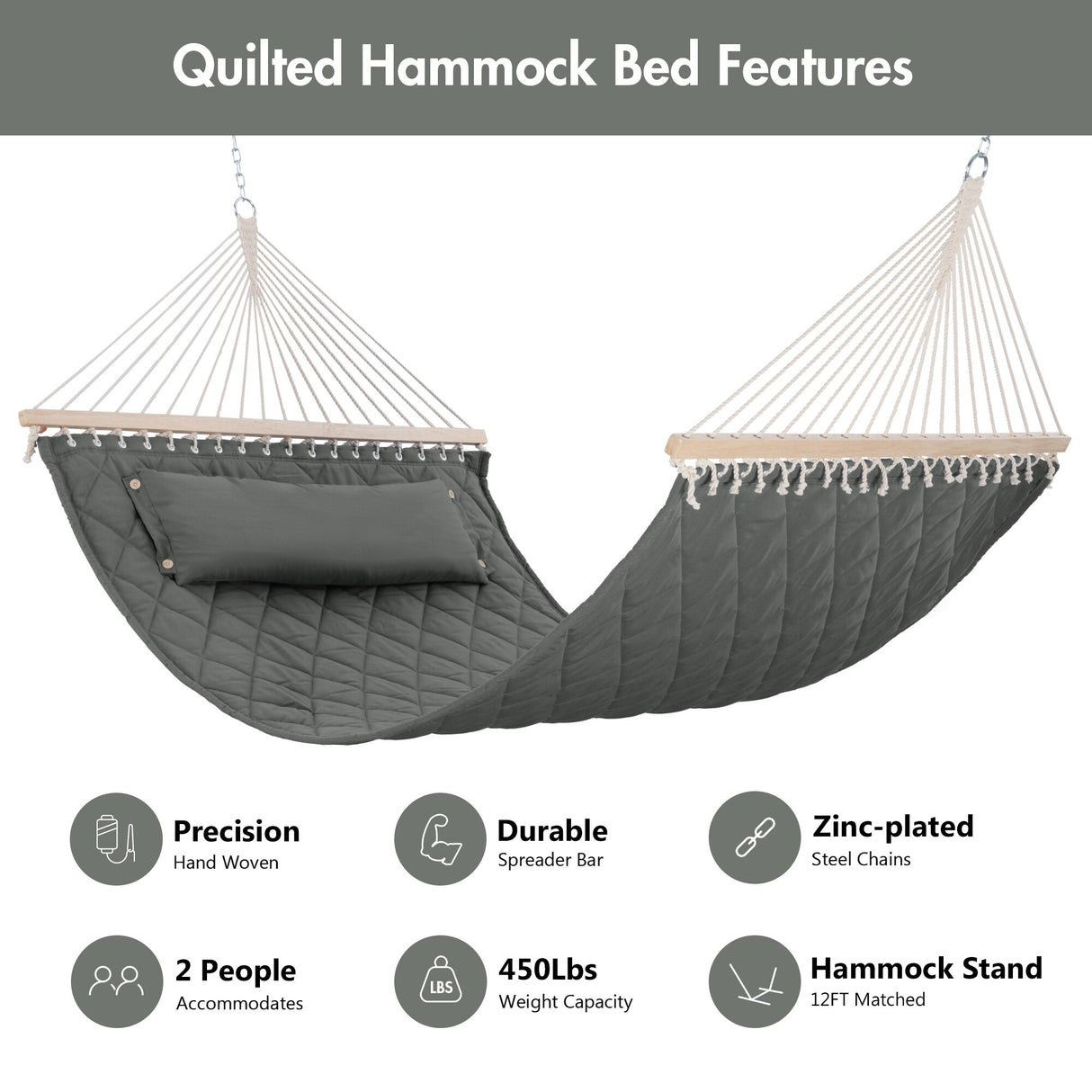 Double Hammock Quilted Fabric Swing with Spreader Bars and Detachable Pillow, 450 LBS Weight Capacity - 122 x 55 x 1 inches