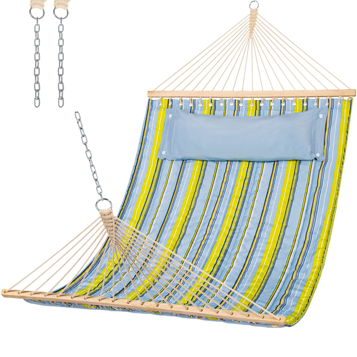 Double Hammock Quilted Fabric Swing with Spreader Bars and Detachable Pillow, 450 LBS Weight Capacity - 122 x 55 x 1 inches