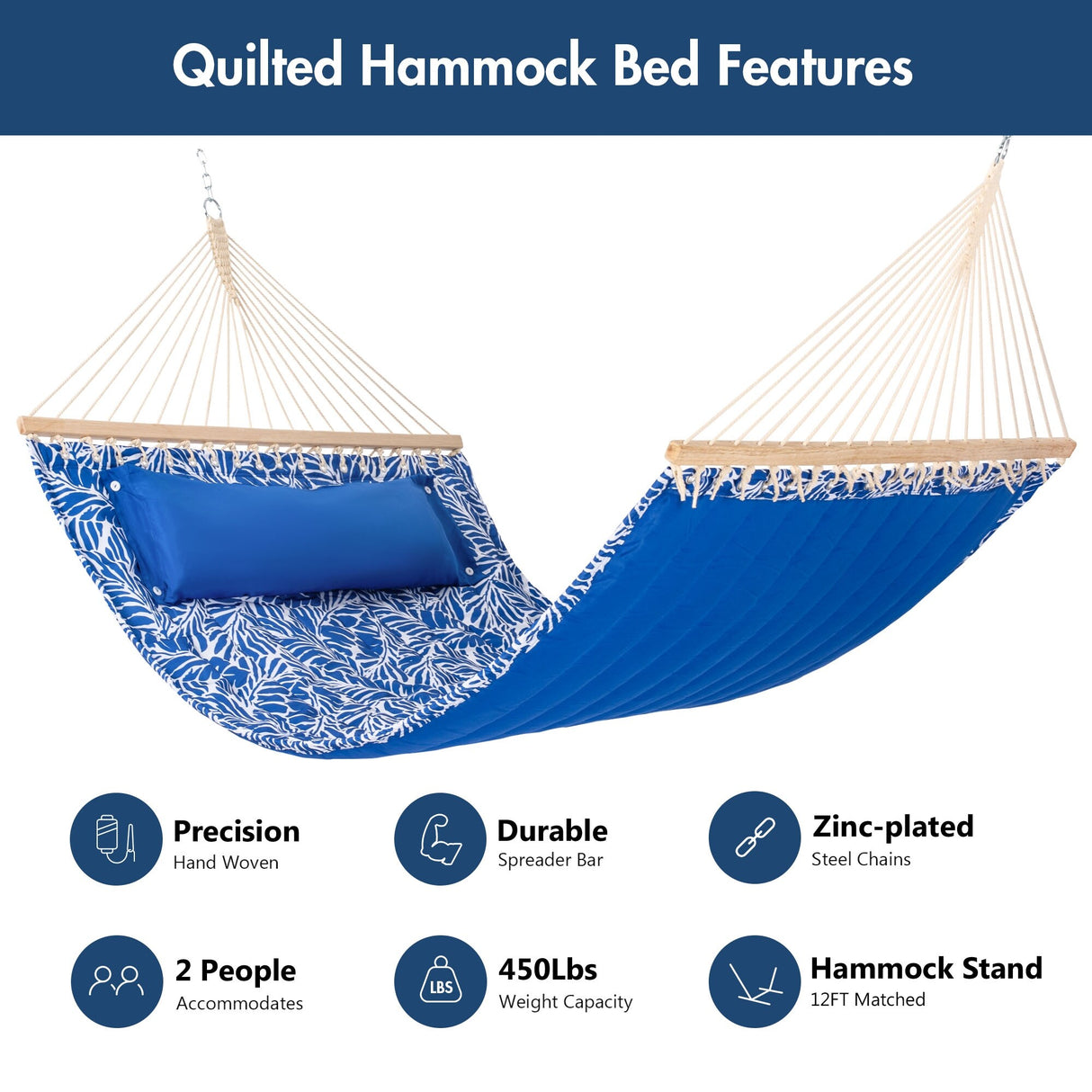 Double Hammock Quilted Fabric Swing with Spreader Bars and Detachable Pillow, 450 LBS Weight Capacity - 122 x 55 x 1 inches