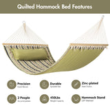 Double Hammock Quilted Fabric Swing with Spreader Bars and Detachable Pillow, 450 LBS Weight Capacity - 122 x 55 x 1 inches