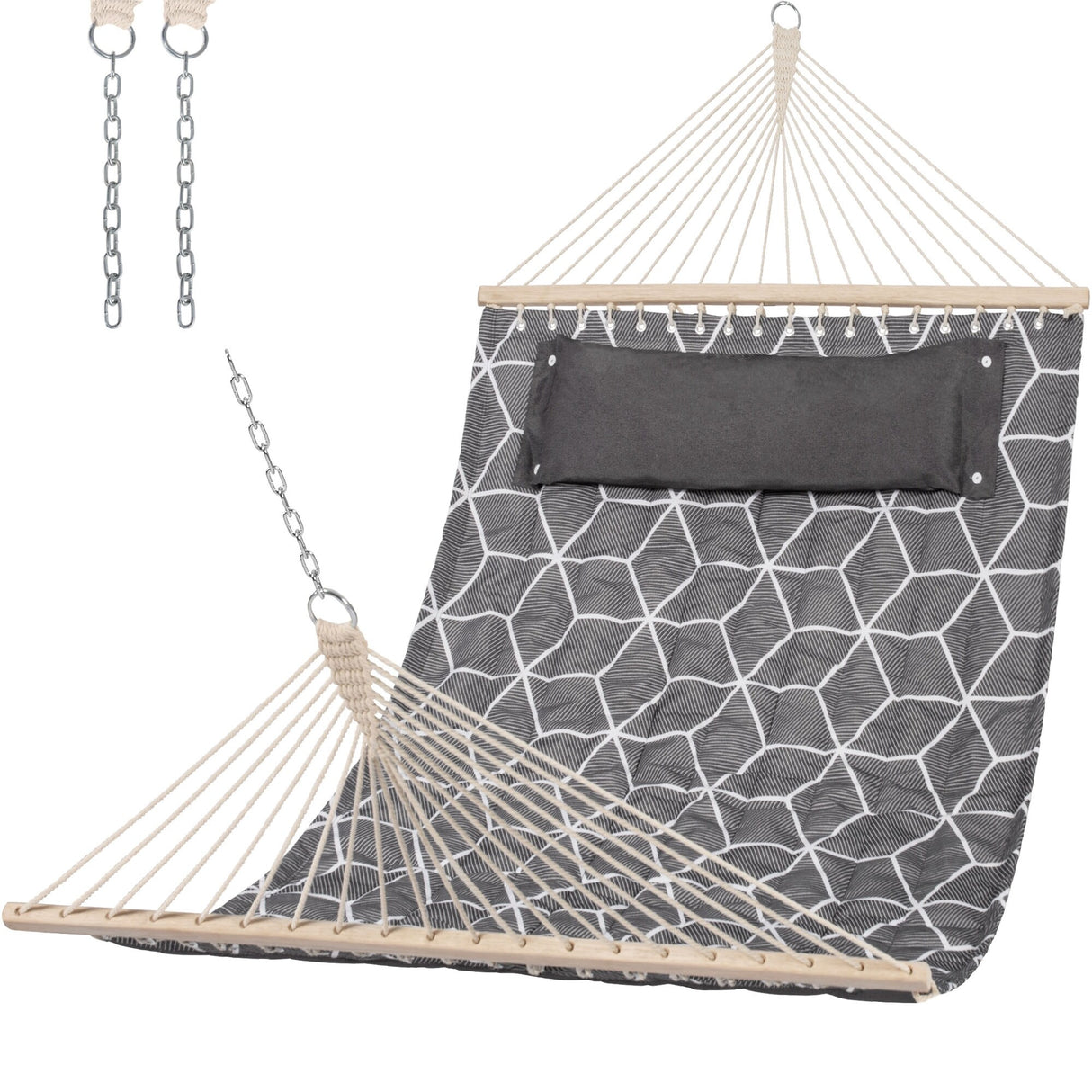 Double Hammock Quilted Fabric Swing with Spreader Bars and Detachable Pillow, 450 LBS Weight Capacity - 122 x 55 x 1 inches