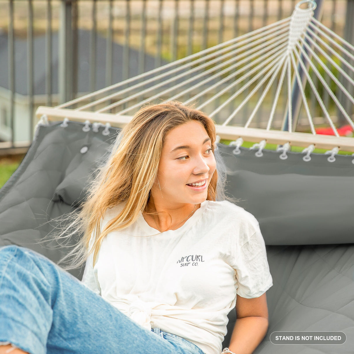 Double Hammock Quilted Fabric Swing with Spreader Bars and Detachable Pillow, 450 LBS Weight Capacity - 122 x 55 x 1 inches