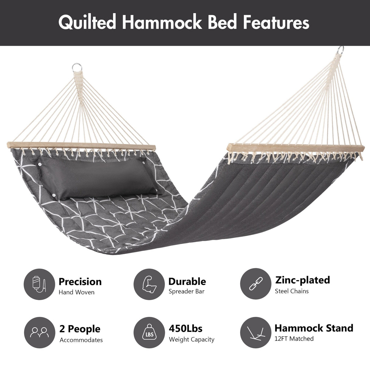 Double Hammock Quilted Fabric Swing with Spreader Bars and Detachable Pillow, 450 LBS Weight Capacity - 122 x 55 x 1 inches