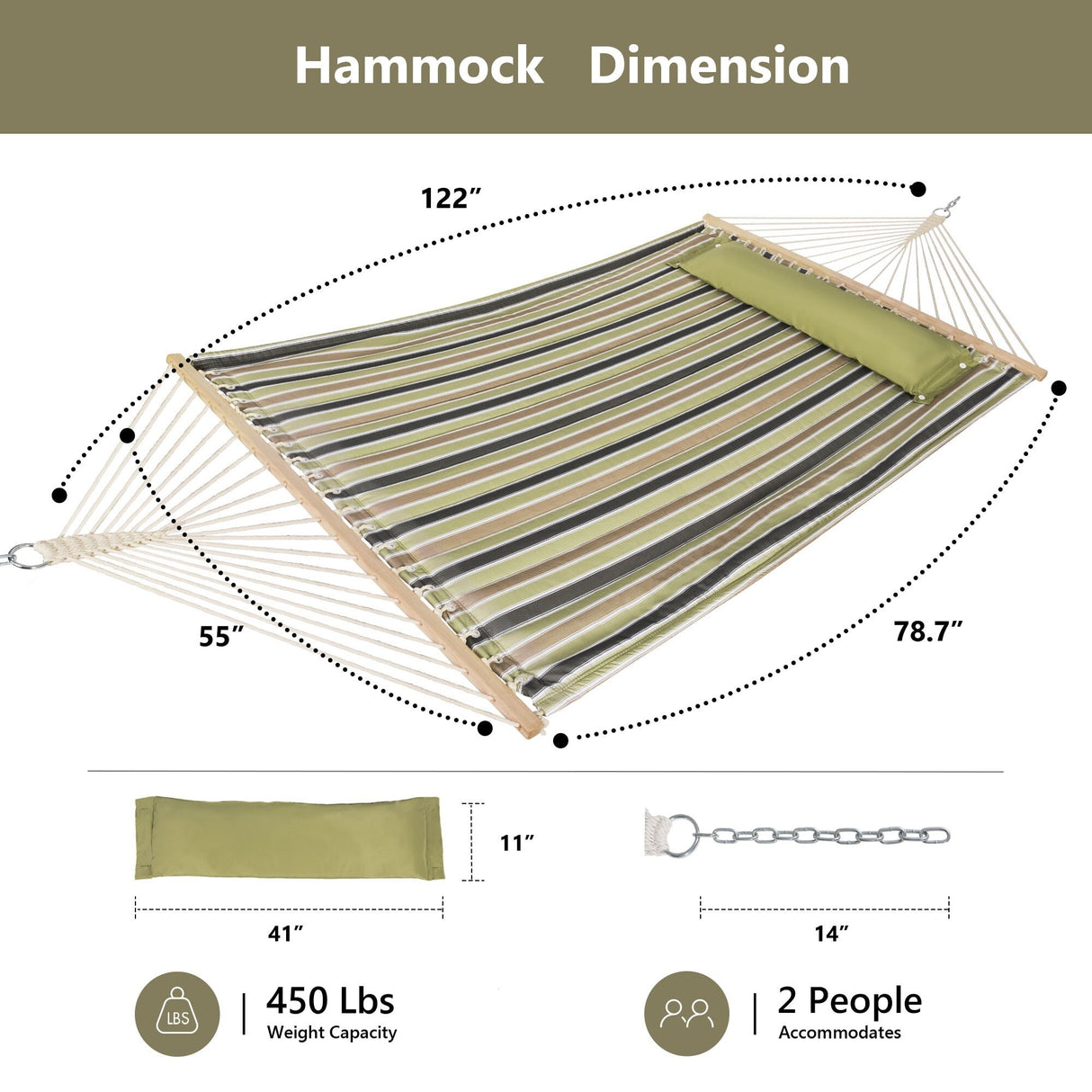 Double Hammock Quilted Fabric Swing with Spreader Bars and Detachable Pillow, 450 LBS Weight Capacity - 122 x 55 x 1 inches