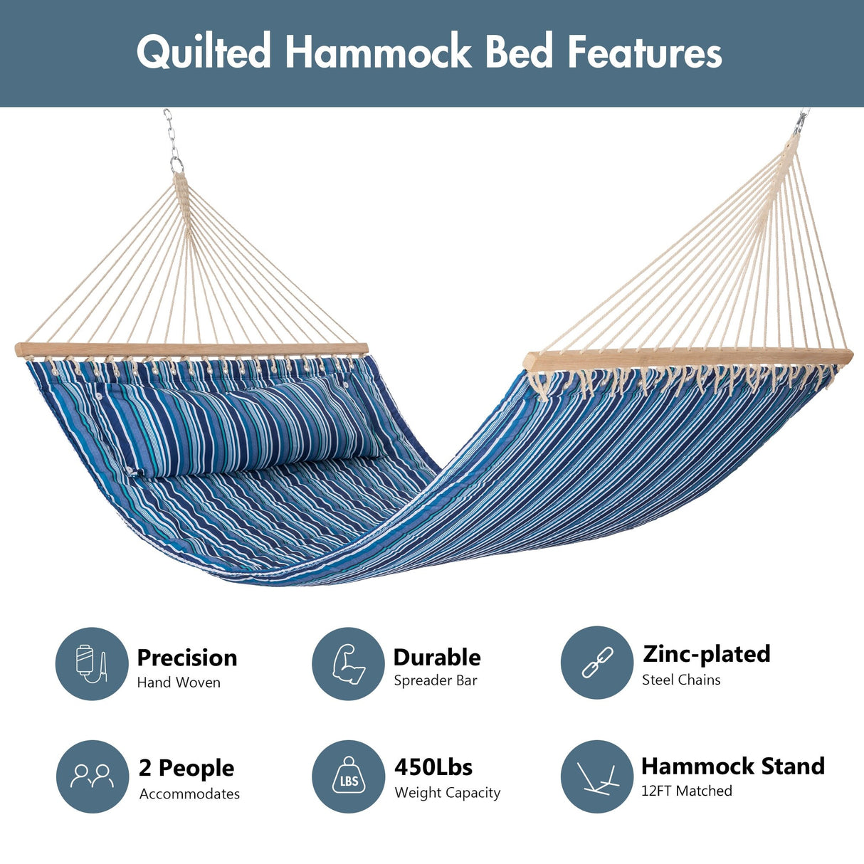 Double Hammock Quilted Fabric Swing with Spreader Bars and Detachable Pillow, 450 LBS Weight Capacity - 122 x 55 x 1 inches