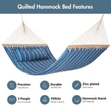 Double Hammock Quilted Fabric Swing with Spreader Bars and Detachable Pillow, 450 LBS Weight Capacity - 122 x 55 x 1 inches