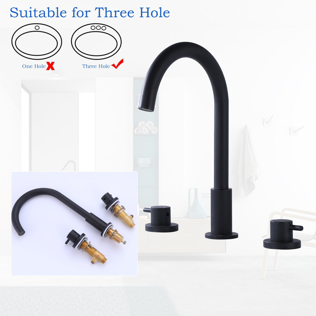 Double Handle 13''H Gooseneck Bathroom Sink Faucet Widespread in Black / Gold