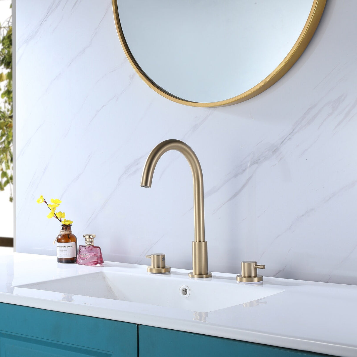 Double Handle 13''H Gooseneck Bathroom Sink Faucet Widespread in Black / Gold