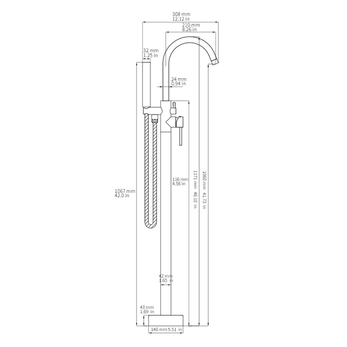 Double Handle Floor Mounted Freestanding Tub Filler with Handshower