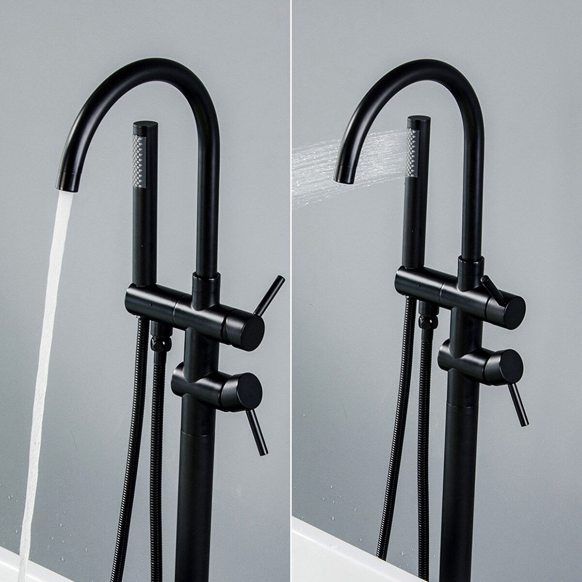 Double Handle Floor Mounted Freestanding Tub Filler with Handshower