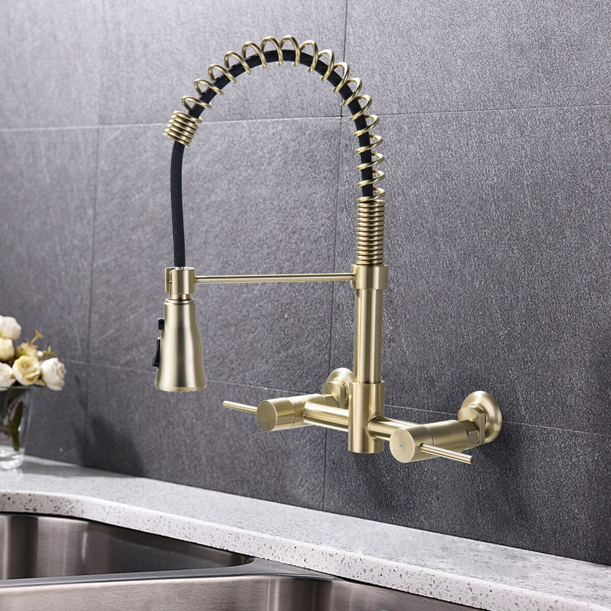 Double-Handle Wall Mounted Pull Down Kitchen Faucet