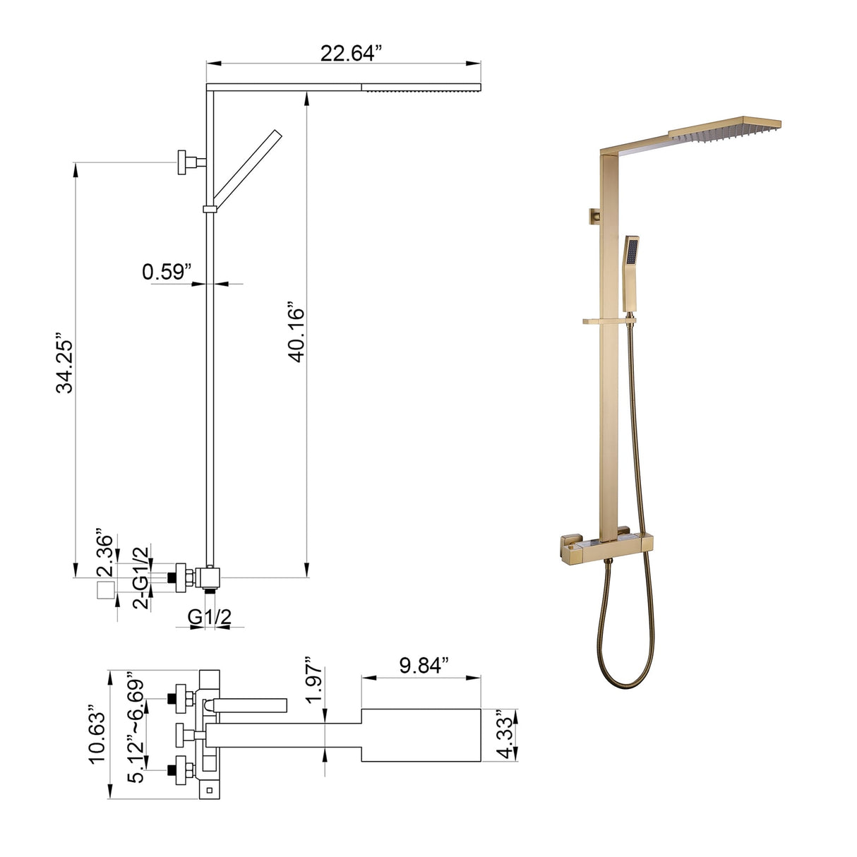 Double Handles Two Functions Wall Mounted Bathroom Shower System With Thermostatic Valve