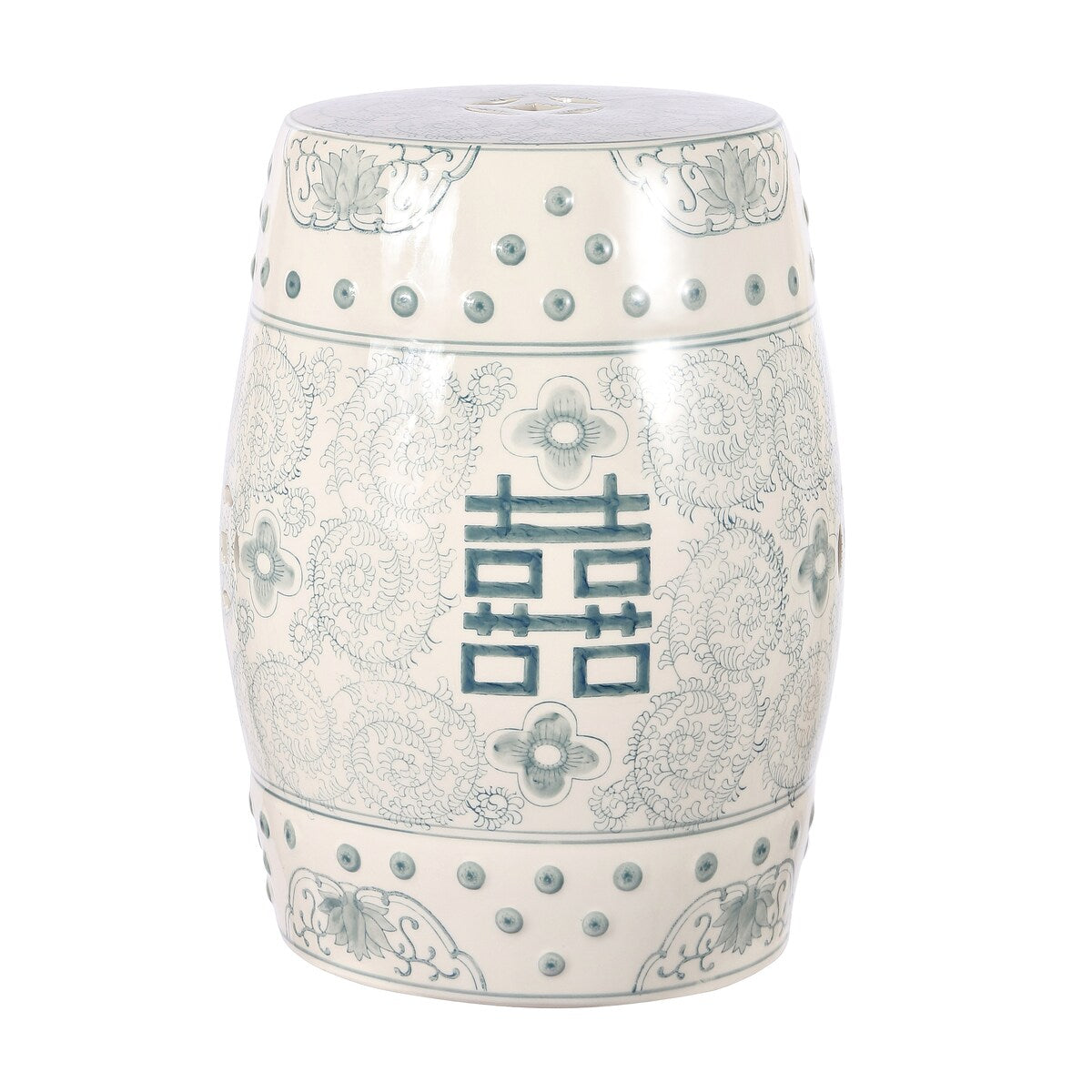 Double Happiness 18" Chinoiserie Ceramic Drum Garden Stool, Blue/White